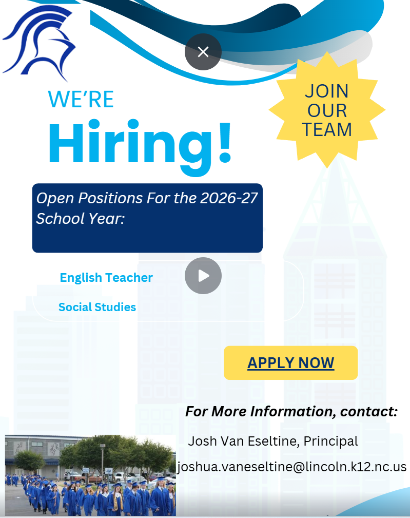 Blue and white banner reads "WE'RE HIRING!" with an arrow pointing to "JOIN OUR TEAM." Below, "Apply Now" and "Open Positions For the 2026-27 School Year" are listed.