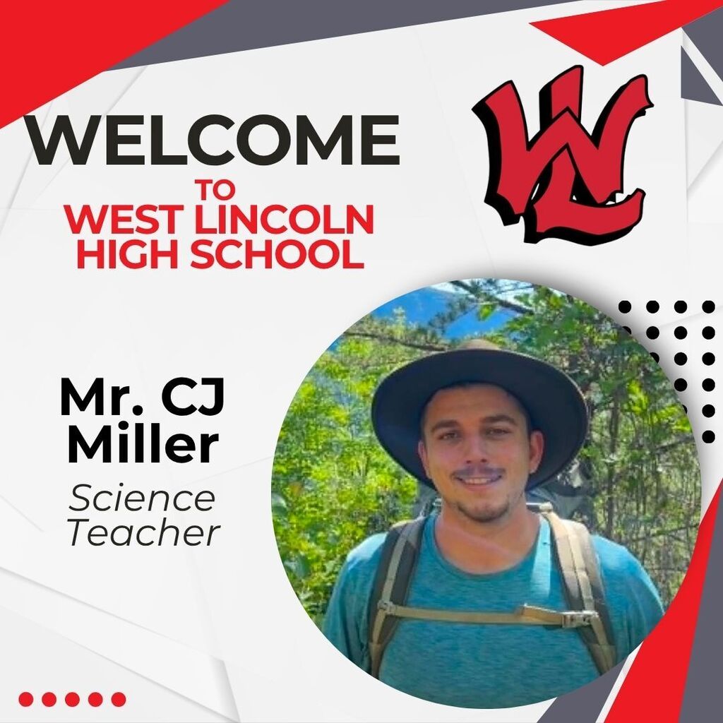A poster welcomes visitors to West Lincoln High School. The poster features a smiling man in a blue hat and shirt.