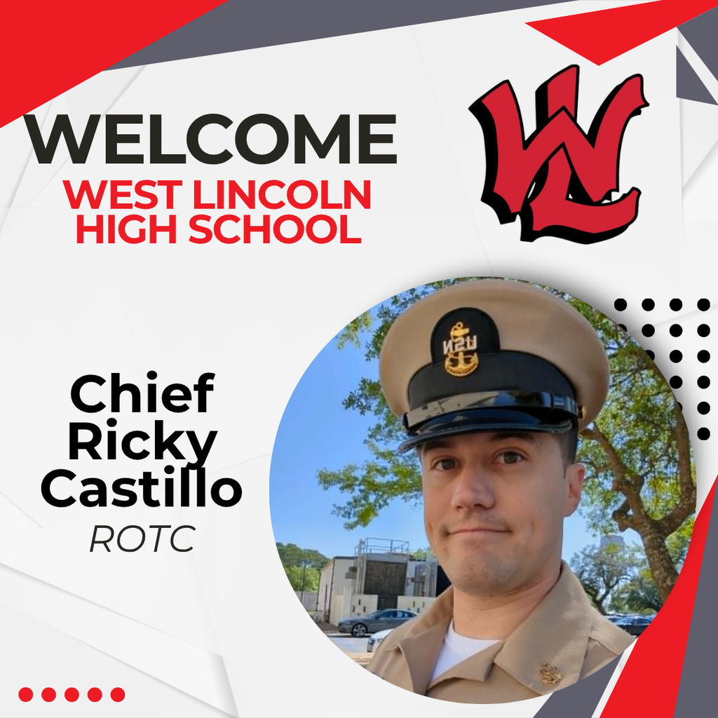 A poster for West Lincoln High School displays a photo of Chief Ricky Castillo, wearing a navy blue hat and uniform, with a tree in the background.