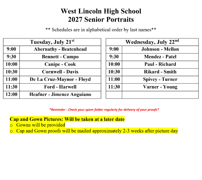 A table outlines schedules for senior portrait sessions at West Lincoln High School for 2027. Dates are listed in alphabetical order by last name.