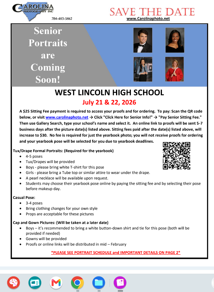 Blue and white flyer with "Save the Date" at the top. It says "Senior Portraits are Coming Soon" and includes a QR code.