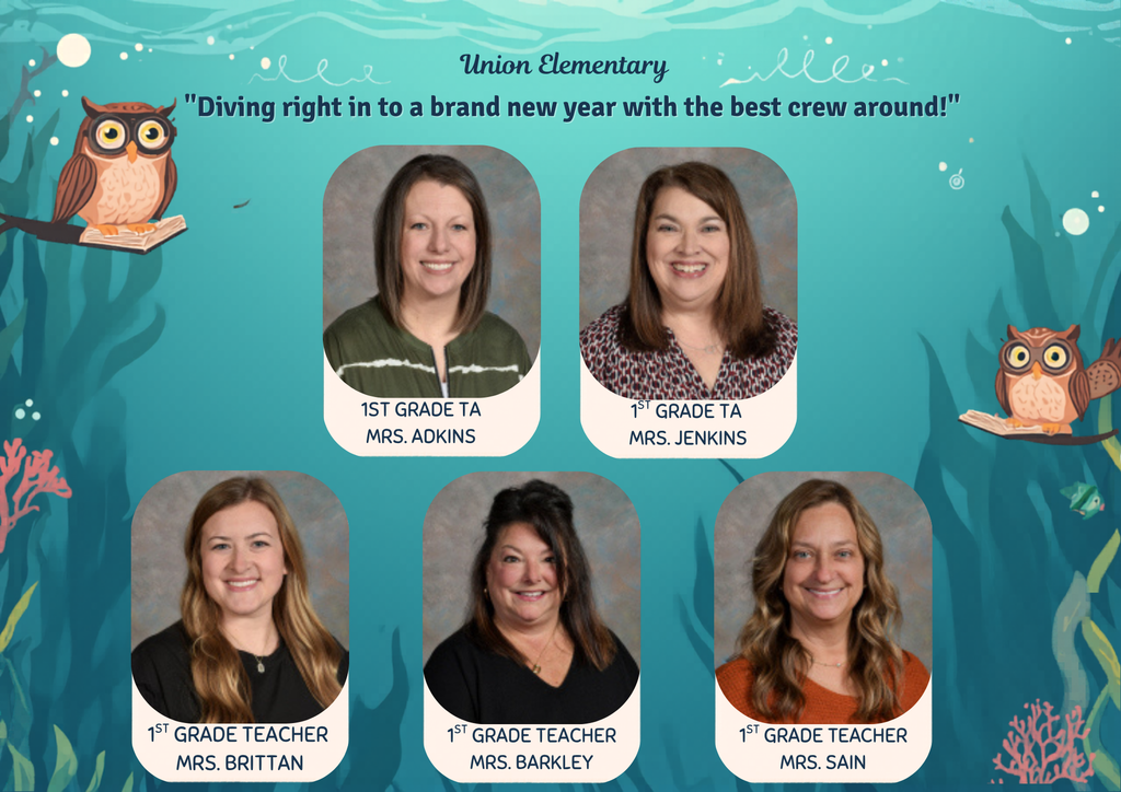 Five women pose for a picture with "Union Elementary" and "Diving right in to a brand new year" above.