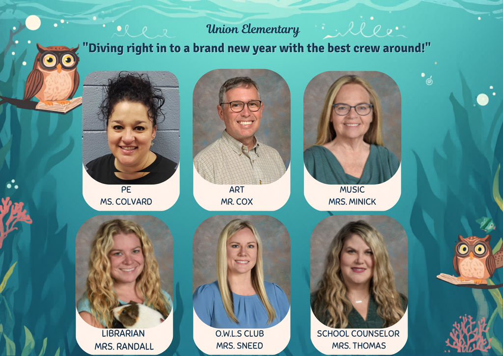 A collage of six smiling adults in professional attire, each labeled with their role. The background features a blue ocean scene with coral reefs and owls.