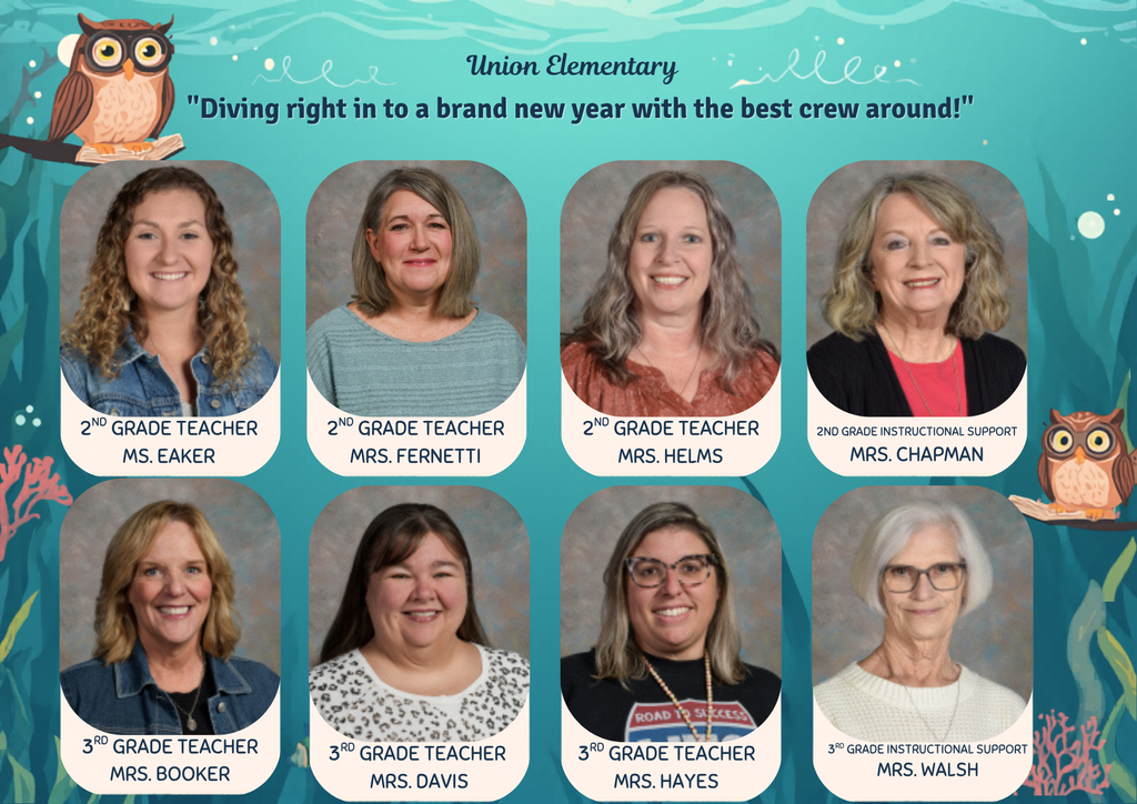 A collage of smiling teachers, each with a name and role, set against an ocean background.