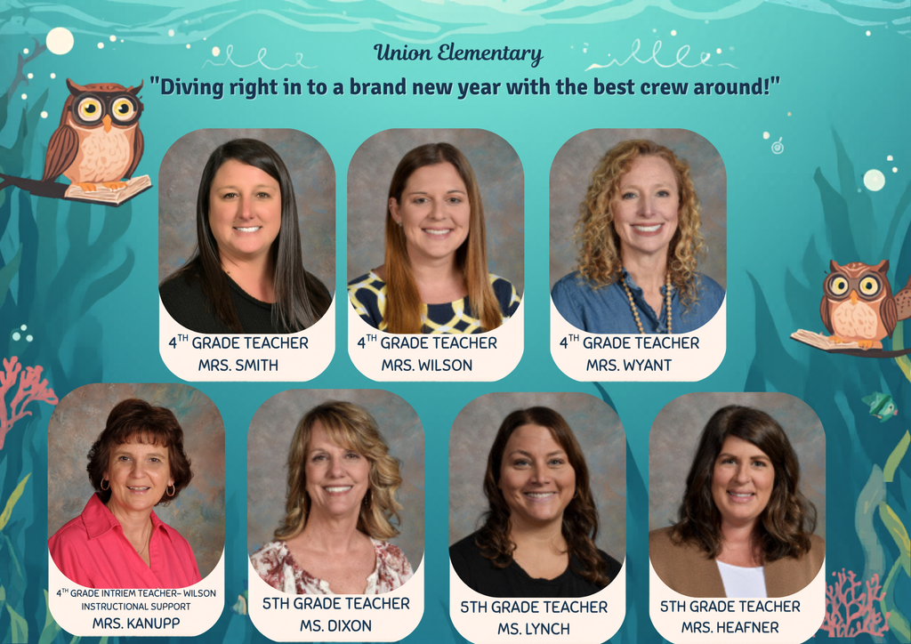Nine smiling female teachers pose for a photo. Each has their name and grade level.