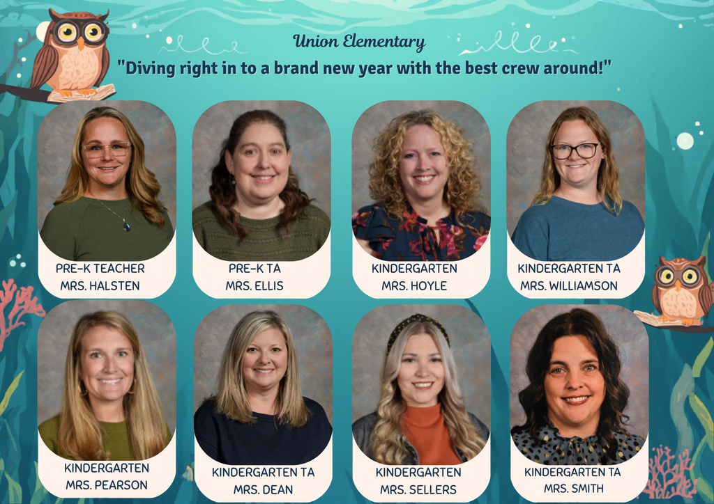 Nine women are smiling in a collage, likely teachers. One wears glasses. Background shows coral and an owl.
