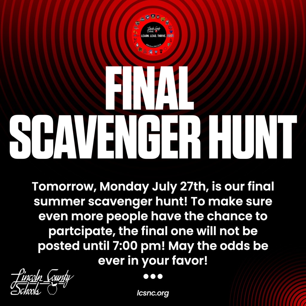 A red and black background with bold white text. It says, "Final Scavenger Hunt!" and announces the date.