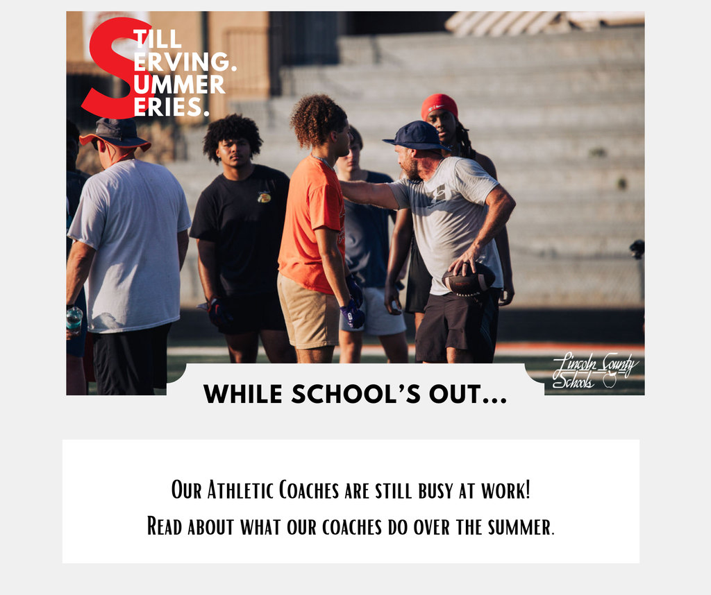 A group of people on a football field. Some wear hats and sneakers. Text reads, "Serving. Summer Series. While school's out..."