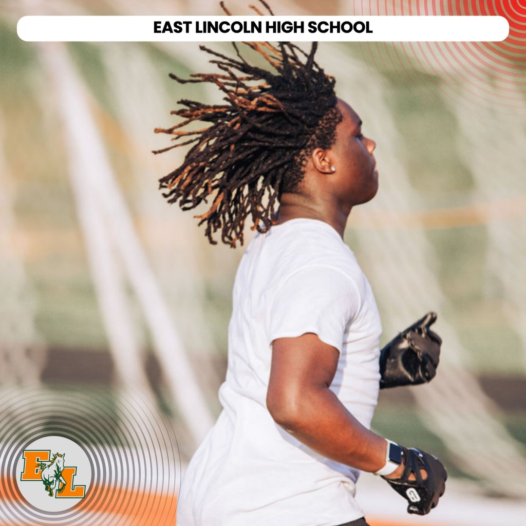 A person with curly hair running on a sports field in a white T-shirt. Text at the top reads "EAST LINCOLN HIGH SCHOOL".