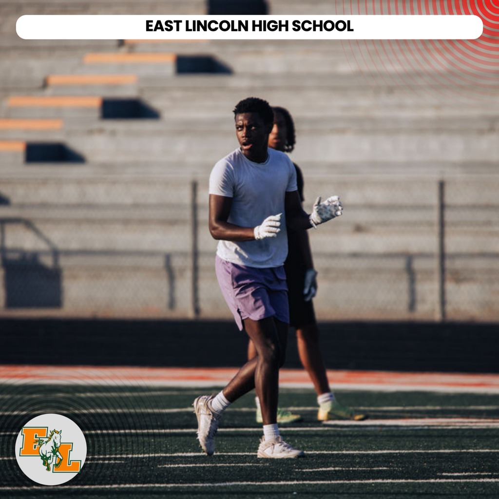Two individuals on a football field, one wearing purple shorts and white gloves, the other in black. A text overlay reads "EAST LINCOLN HIGH SCHOOL".