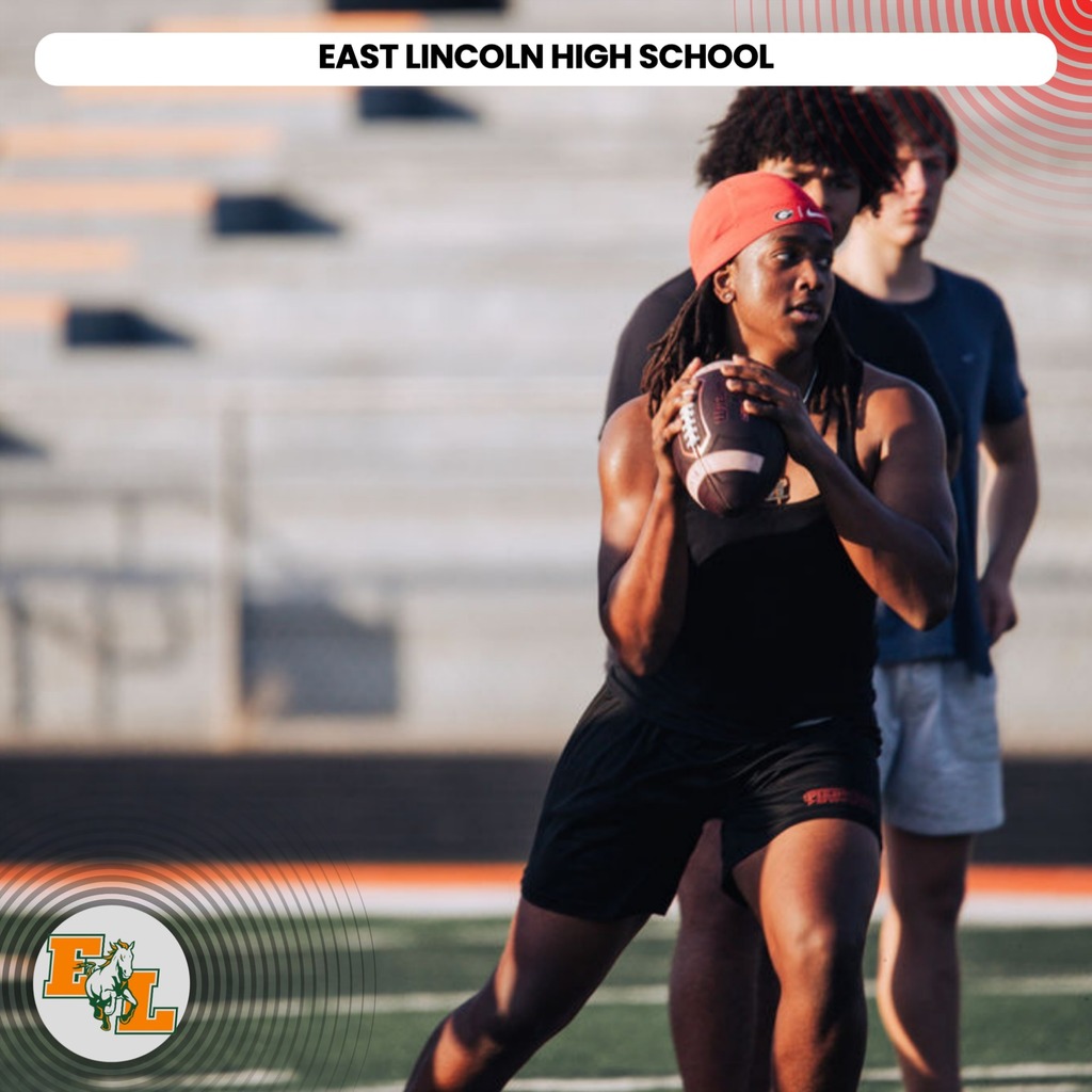 A woman in a red cap holds a football on a field. A person stands behind her. Text reads "East Lincoln High School".