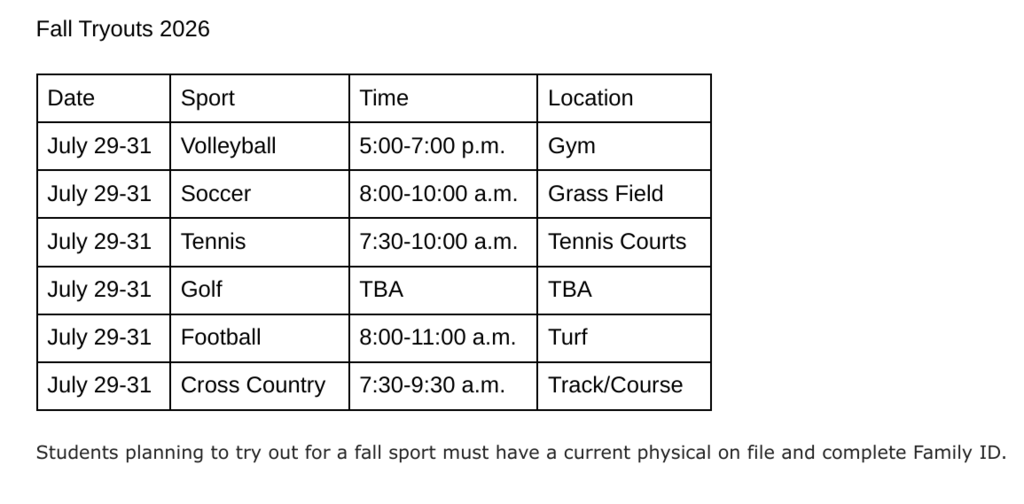 A table listing sports and their times and locations, along with dates. No background.