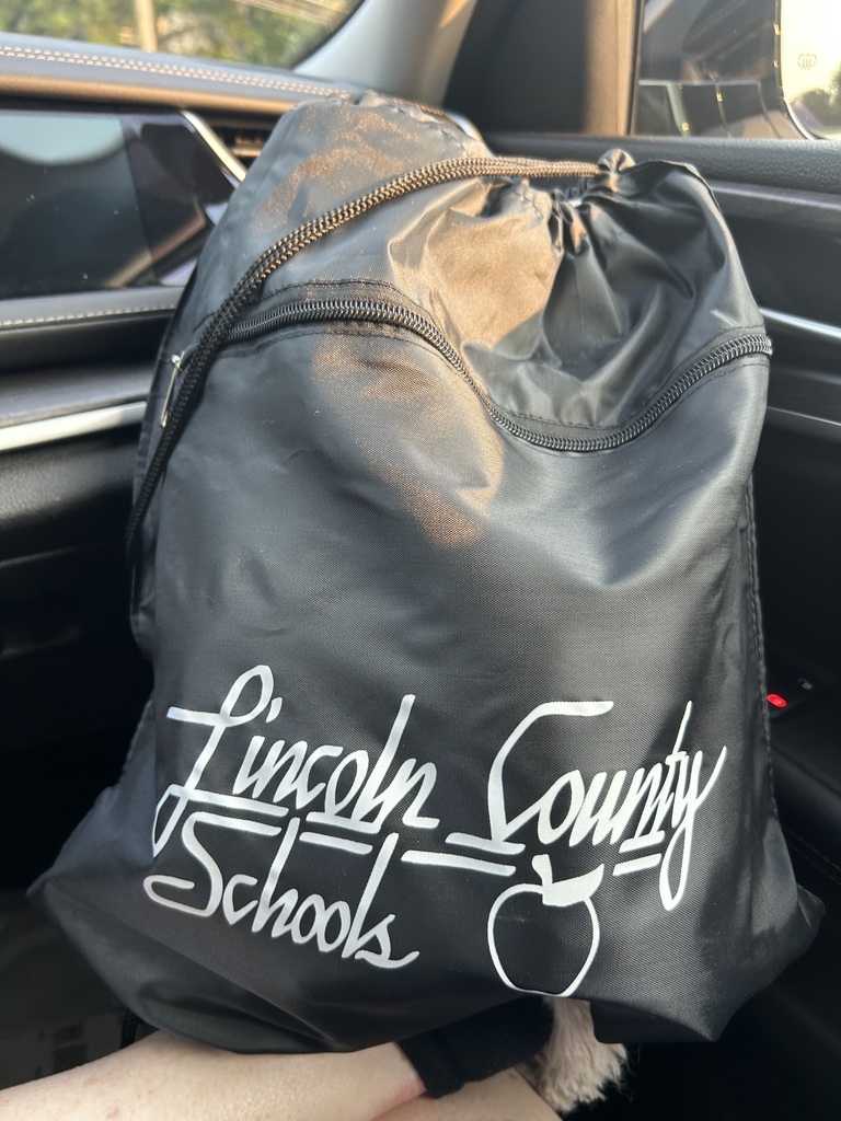 A black bag with "Lincoln County Schools" written in white on a car seat. The bag has a drawstring top.