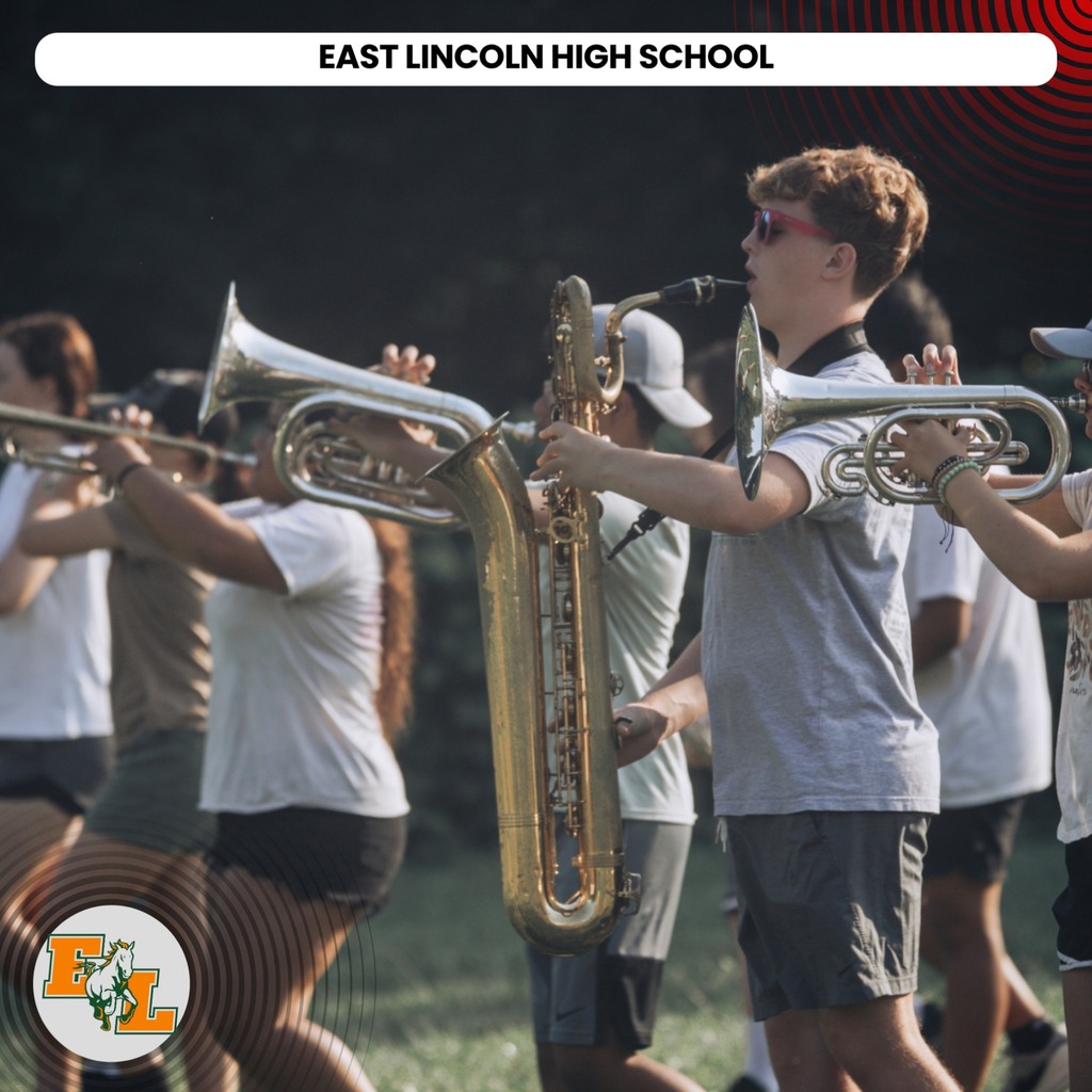 Students play instruments outdoors. A man plays the saxophone. "East Lincoln High School" appears at top.
