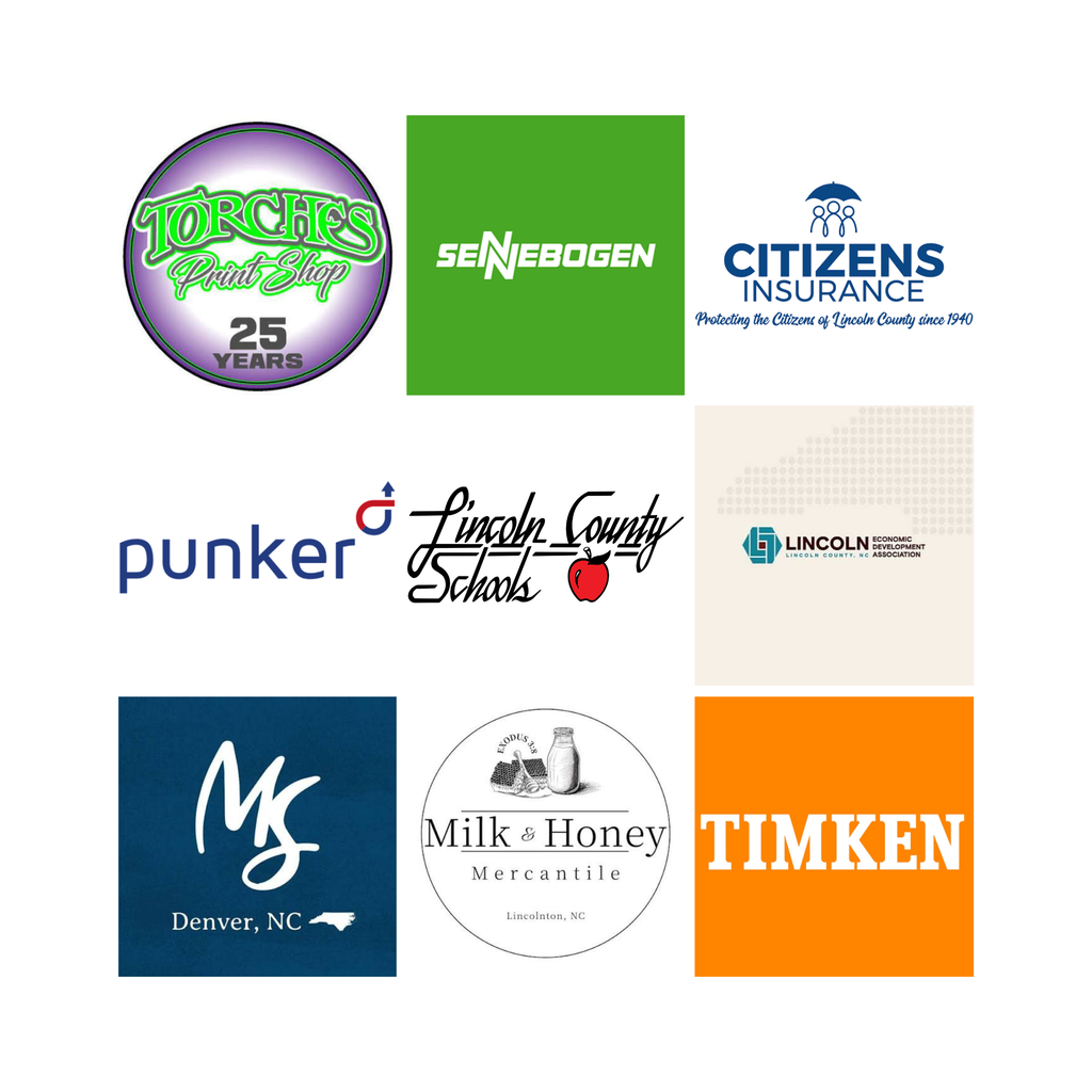 Multiple logos displayed include Torches Plant Shop, Senebogen, Citizens Insurance, Punker, Lincoln County Schools, Ms, Milk and Honey Mercantile, Timken.