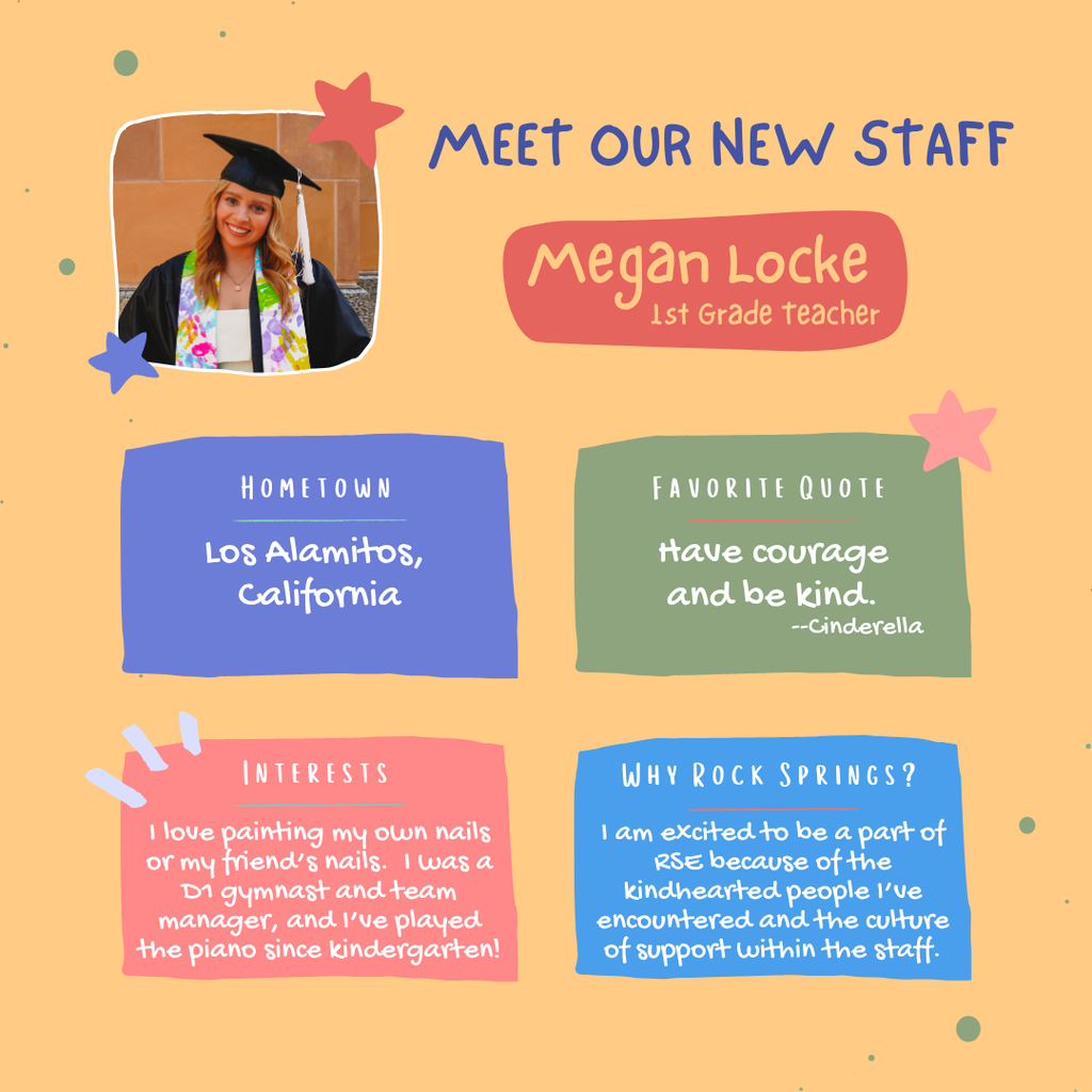 A page displays Megan Locke, a first-grade teacher. Her photo shows her in a graduation cap and gown. Sections highlight her hometown, interests, and quote.