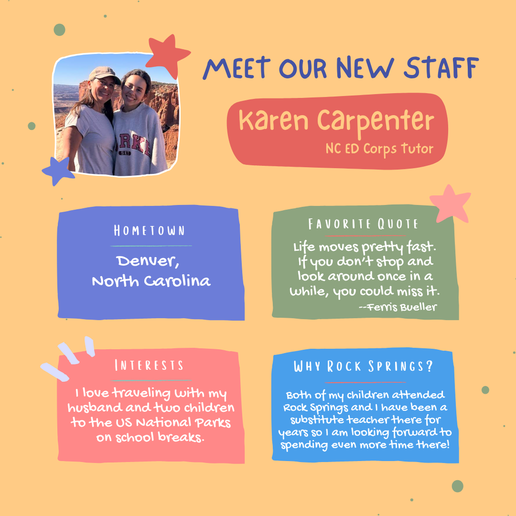 A vibrant page featuring a photo of two women and text about Karen Carpenter. Hometown: Denver, North Carolina. Quote: "Life moves pretty fast." Interests: Traveling with family to US National Parks.