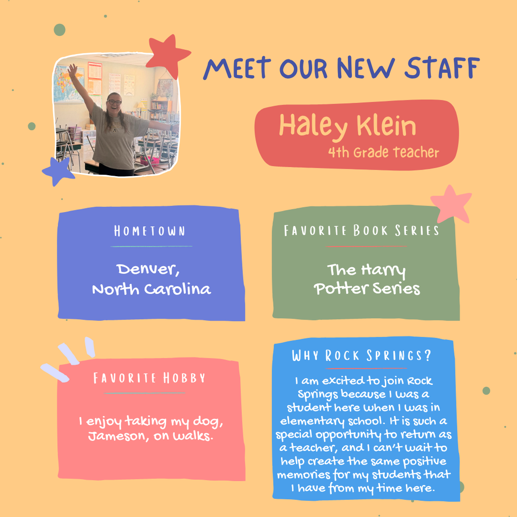 A page shows a new staff member, Haley Klein, 4th grade teacher. She is from Denver, North Carolina. She likes the Harry Potter series. She enjoys taking her dog on walks.