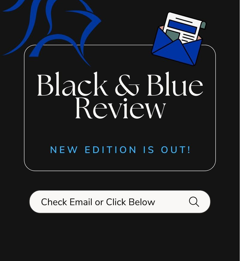 Dark background with a blue envelope holding a paper. Below, the title "Black & Blue Review" and the subtitle "NEW EDITION IS OUT!"