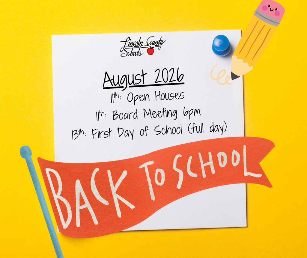 A yellow background displays a paper with "August 2026" and a schedule. Events include Open Houses, a Board Meeting, and the first school day.