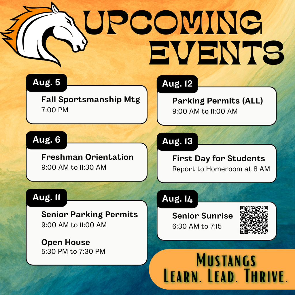 An event calendar displays upcoming dates: Fall Sportsmanship Mtg, Parking Permits, Freshman Orientation, First Day for Students, Senior Parking Permits, Senior Sunrise, and Open House.