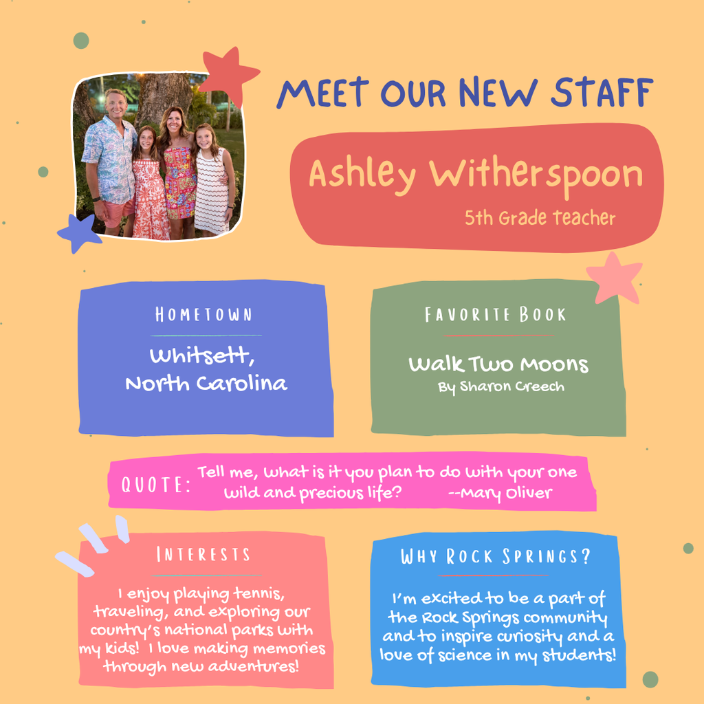 A colorful page displays a photo of a family and text. "Meet Our New Staff" is at the top. A photo shows a man and two kids. Below is "Ashley Witherspoon, 5th Grade Teacher."