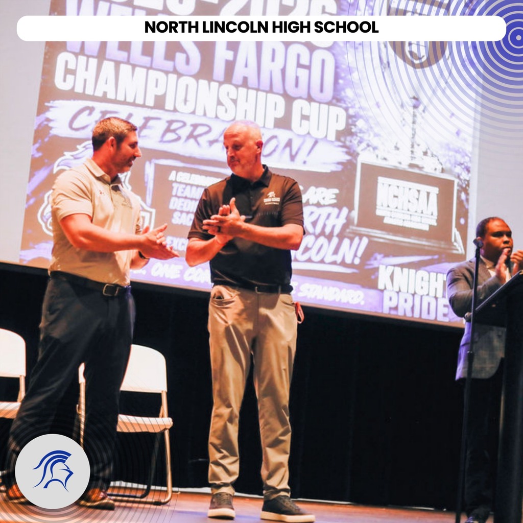 Three men stand on stage; one gives a speech. Behind them, a large screen displays "North Lincoln High School Wells Fargo Championship Cup Celebration".