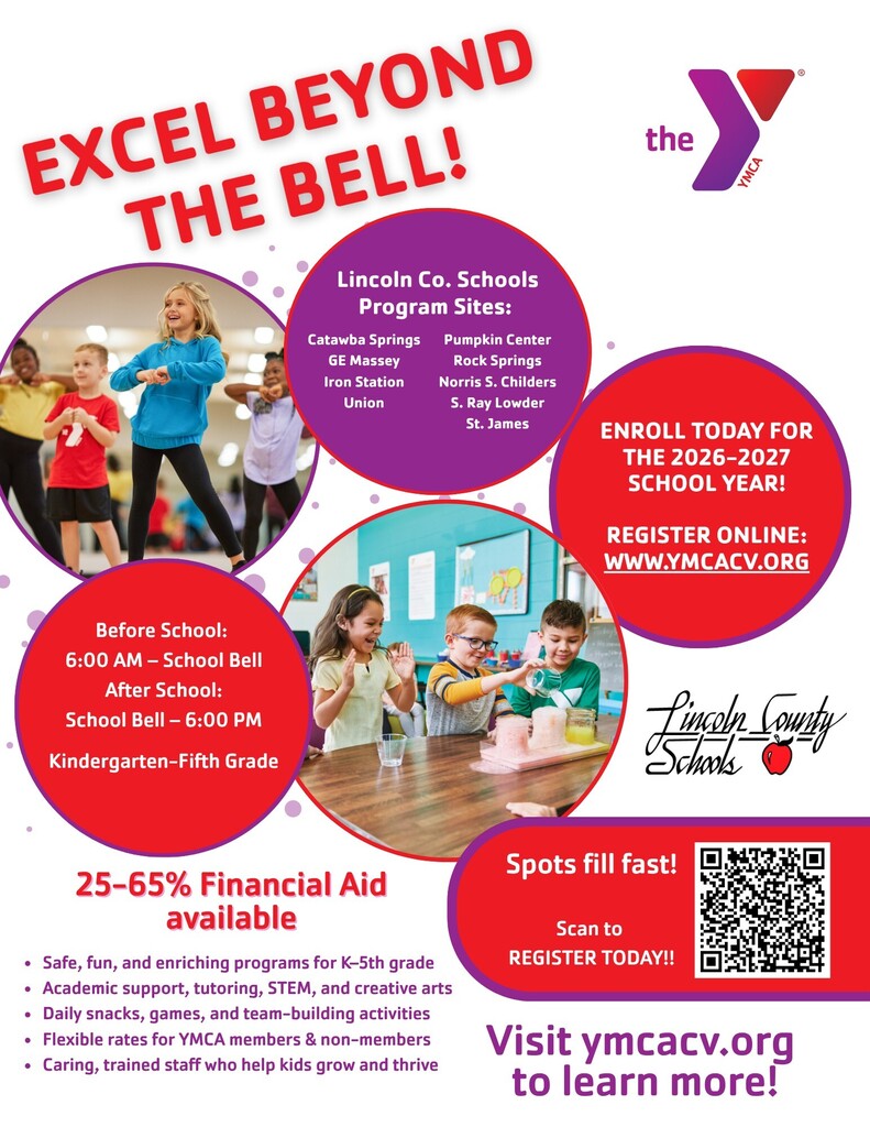 A flyer with red circles highlights YMCA after-school programs. It shows children in a classroom. Dates, times, and enrollment information are listed.