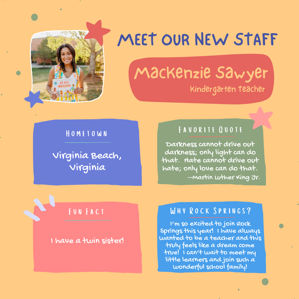An introduction to a kindergarten teacher. A photo shows a woman standing. Hometown: Virginia Beach, Virginia. Fun fact: Has a twin sister.