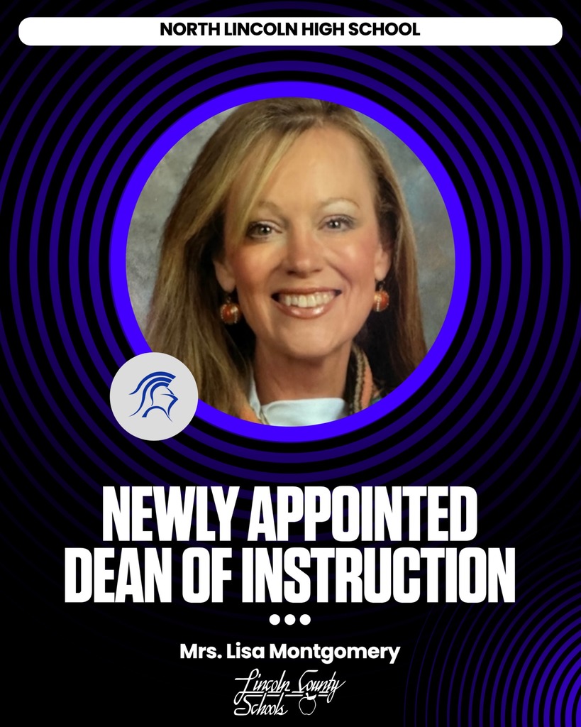 Portrait of a smiling woman in front of a blue background. Text reads "Newly Appointed Dean of Instruction" and "Mrs. Lisa Montgomery."