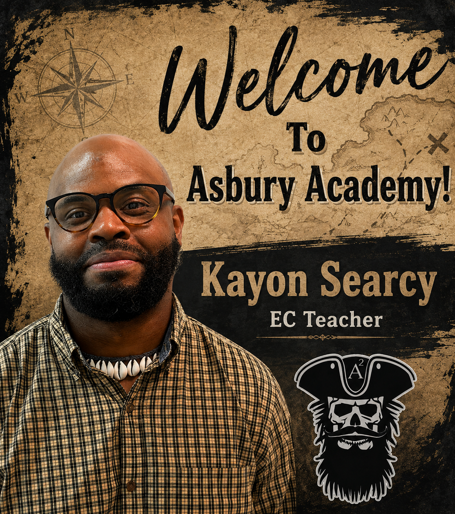 A man with glasses and a beard stands next to a pirate logo. He wears a plaid shirt. Text reads "Welcome to Asbury Academy! Kayon Searcy, EC Teacher."