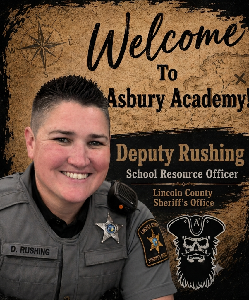 A smiling woman in uniform. Text reads "Welcome To Asbury Academy". A skull and beard graphic in corner.