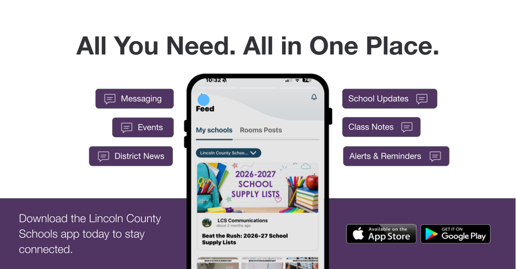 A phone displays a Lincoln County Schools app interface with icons for messaging, events, notes, alerts, and reminders.