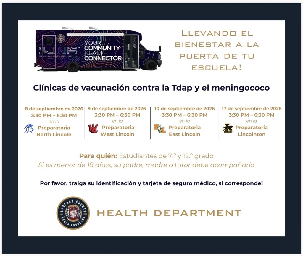 A flyer with a bus image displays text in Spanish. It lists vaccination clinic dates and locations.