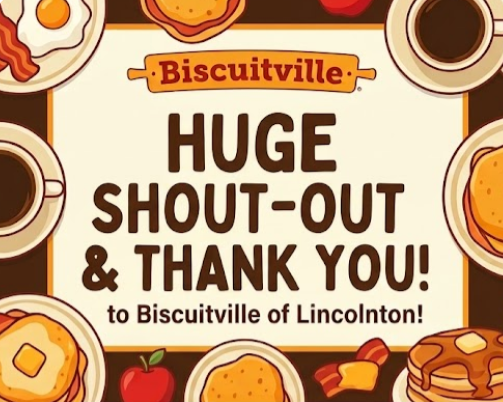 A poster highlights breakfast items like pancakes and bacon with "Huge Shout-Out & Thank You!" text.