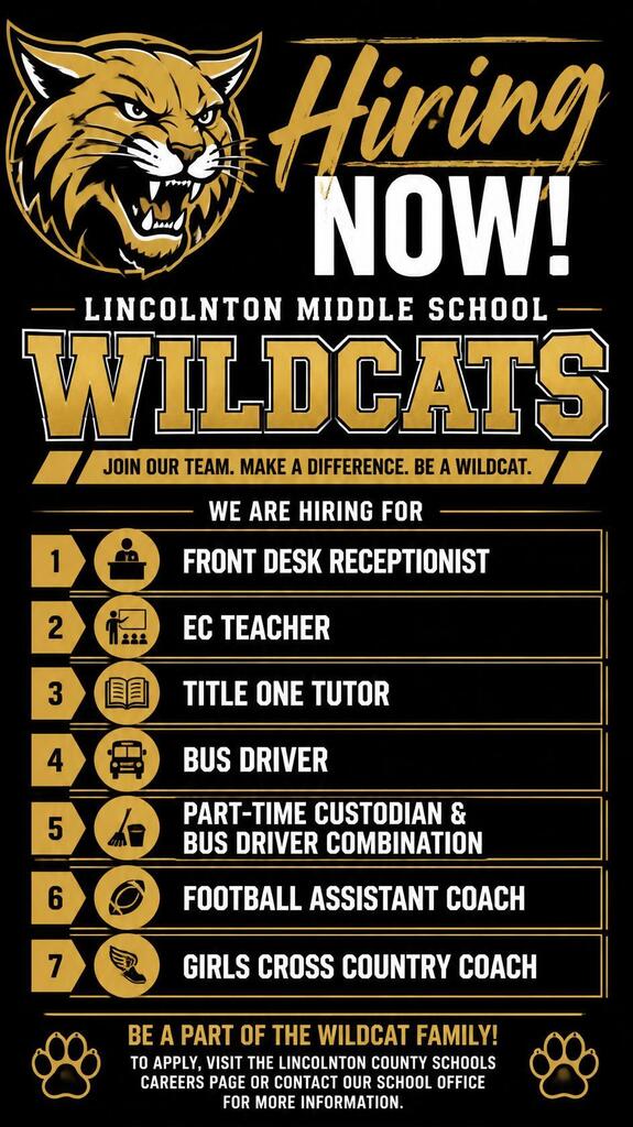 An advertisement features a bold logo of a wildcat and text reading "Hiring Now!" beneath it. Seven positions are listed, including front desk receptionist, EC teacher, and Title One tutor, bus driver, custodian, and coaching staff.