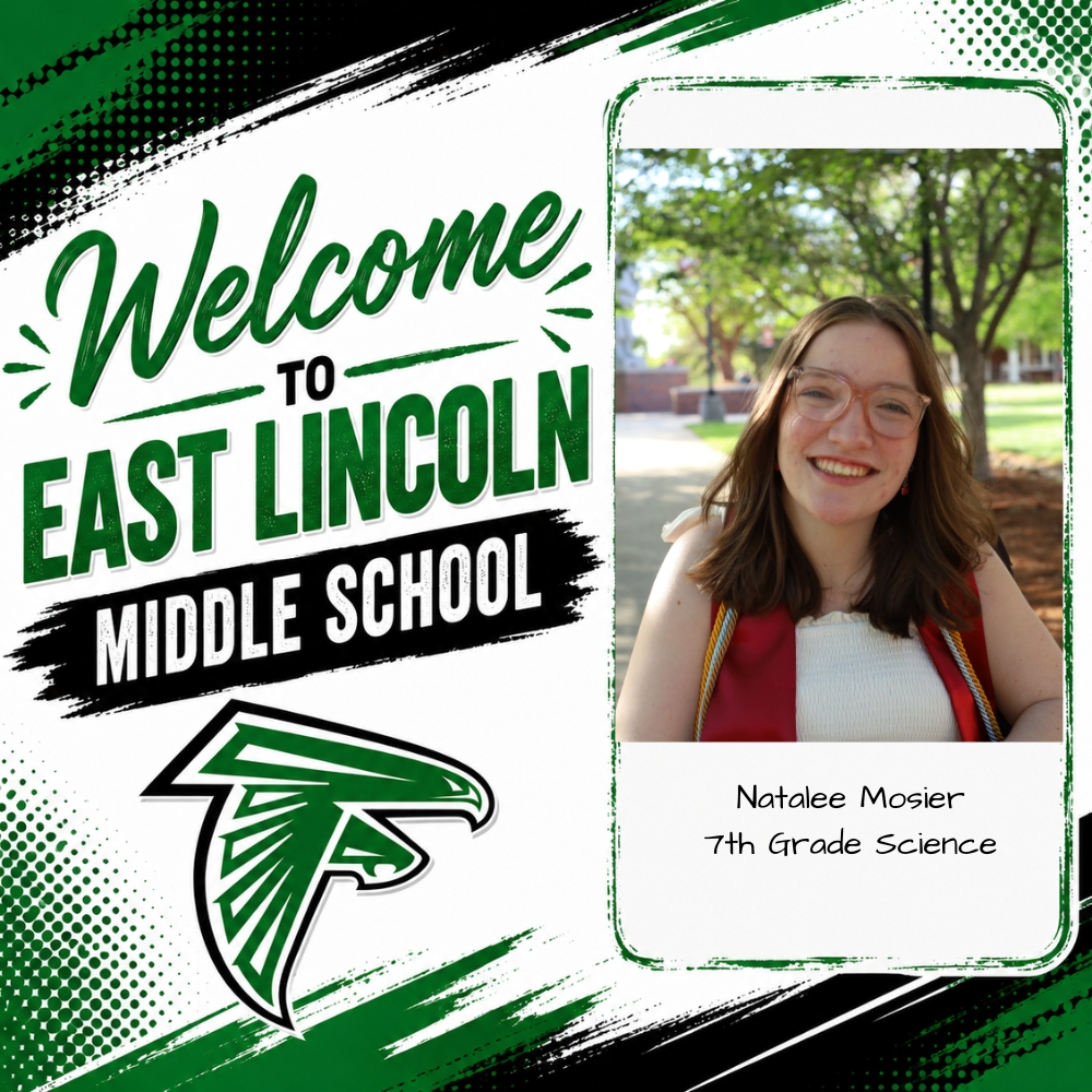A promotional poster for East Lincoln Middle School shows a girl with glasses and a school uniform with a tree background.