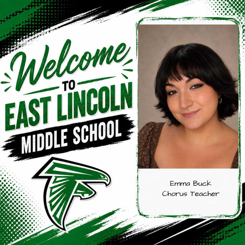 A green, white, and black banner displays a smiling woman in a brown top. Text reads "Welcome to East Lincoln Middle School" with a green eagle logo.