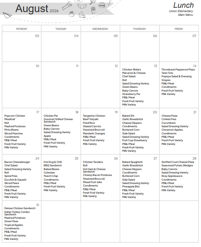 A monthly lunch menu for August 2016 lists days, meals, and ingredients. Dates and menu items are organized in a grid layout.