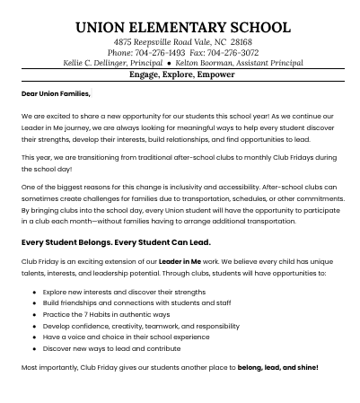 A document header reads "Union Elementary School" with contact details and phone numbers. Below, a message to Union families discusses a new program.