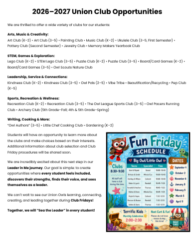 Document displays a list of club opportunities for students, including art, music, STEM, and more. It features an owl logo, a schedule, and the text "Fun Friday" in a colorful background.