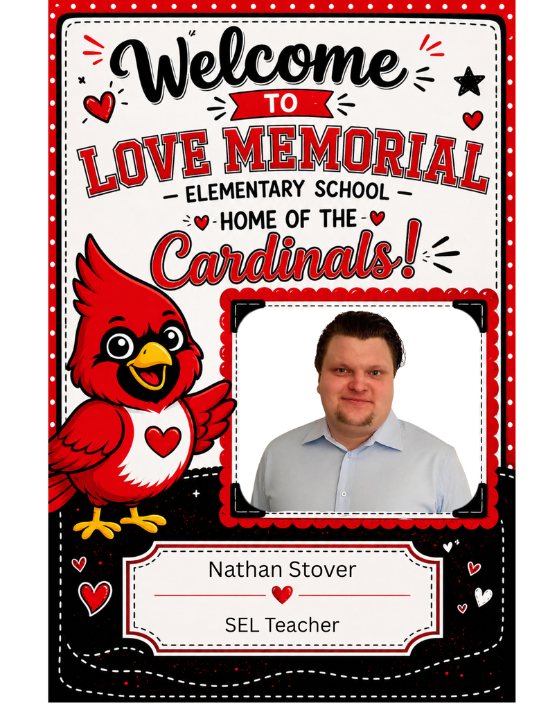 A red and black card features a red bird with a heart and text above, with a man's picture below.
