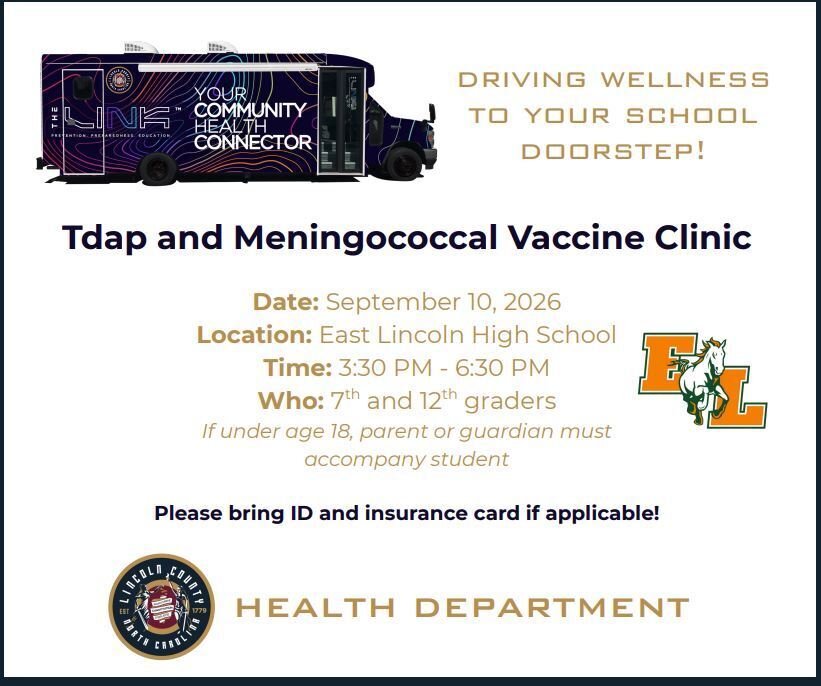 Purple mobile clinic vehicle. Text reads "Driving Wellness to Your School Doorstep!" Event details for Tdap and Meningococcal Vaccine Clinic.