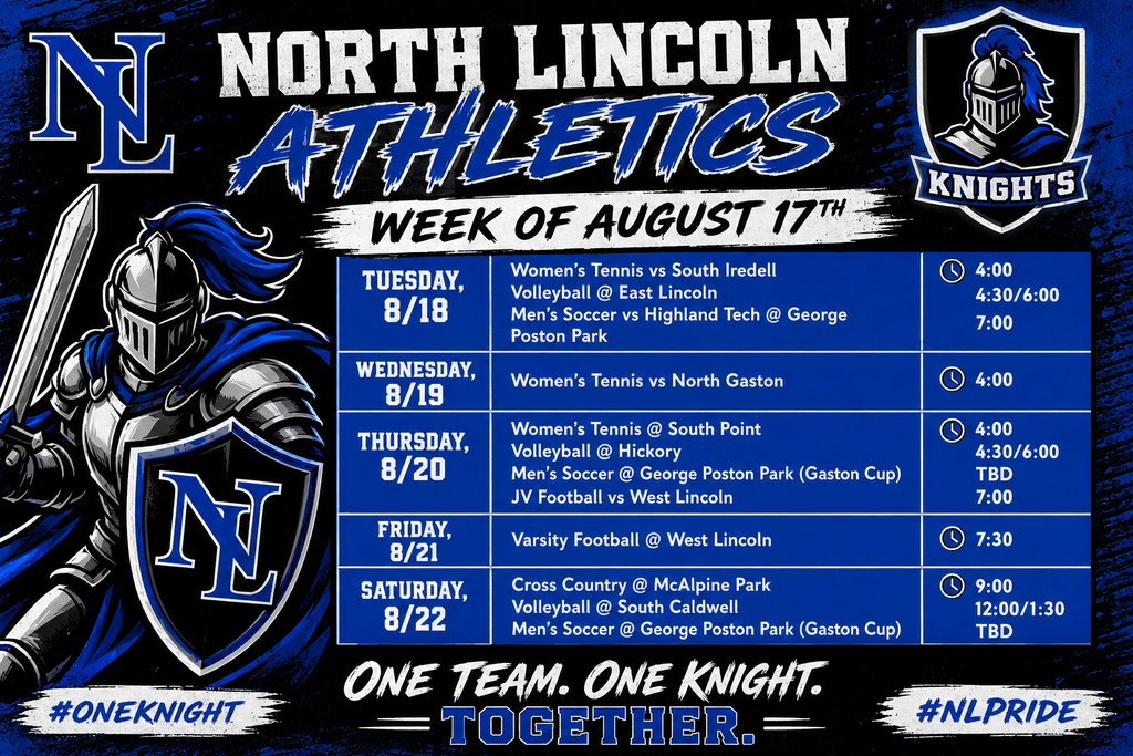 Sports schedule for August 17 to 22. Features games, times, and locations. Knight logo, shield, and knight image.