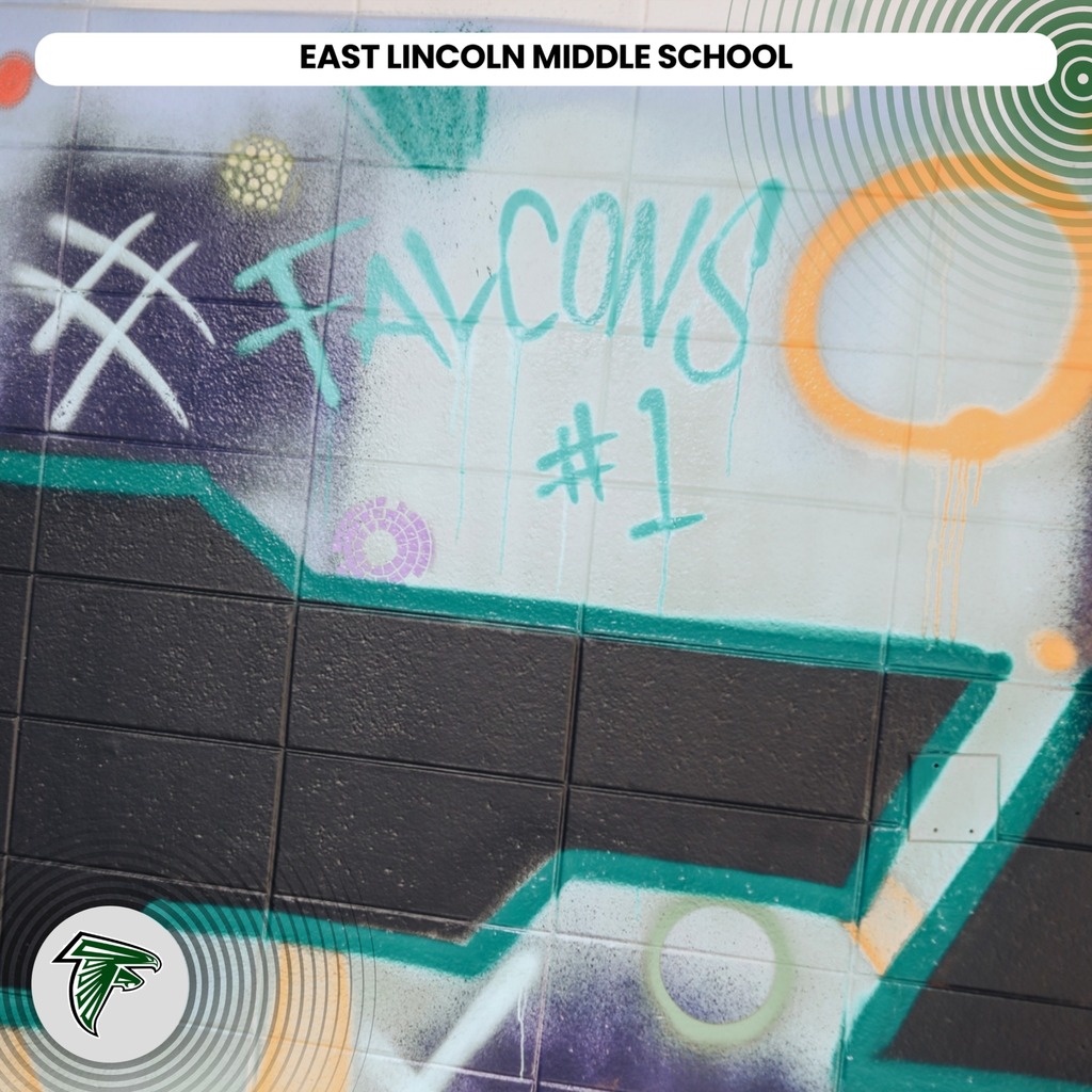Graffiti on a wall reading "Falcons #1" with different colored shapes and patterns in the background.