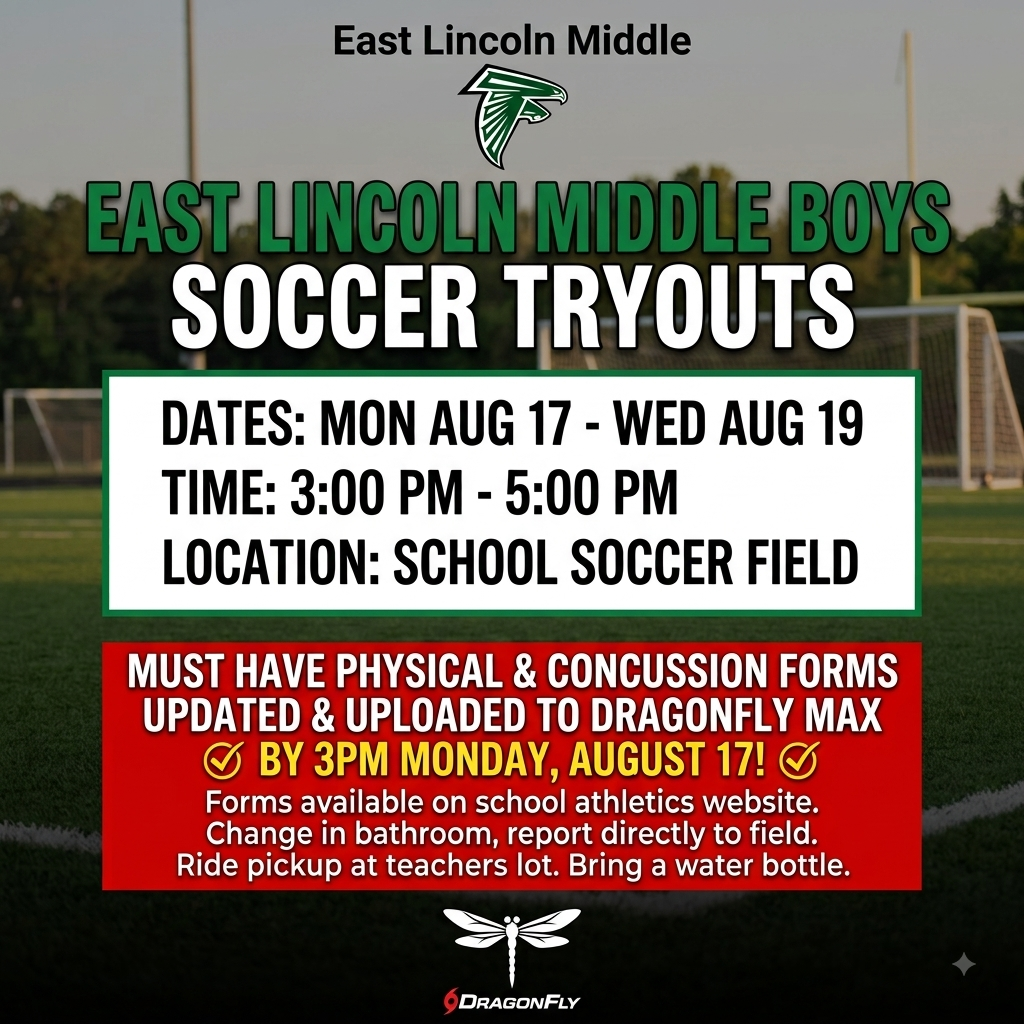 A poster for East Lincoln Middle Boys Soccer Tryouts on Aug 17-19 at 3-5 PM at the school soccer field. Requires physical and concussion forms.