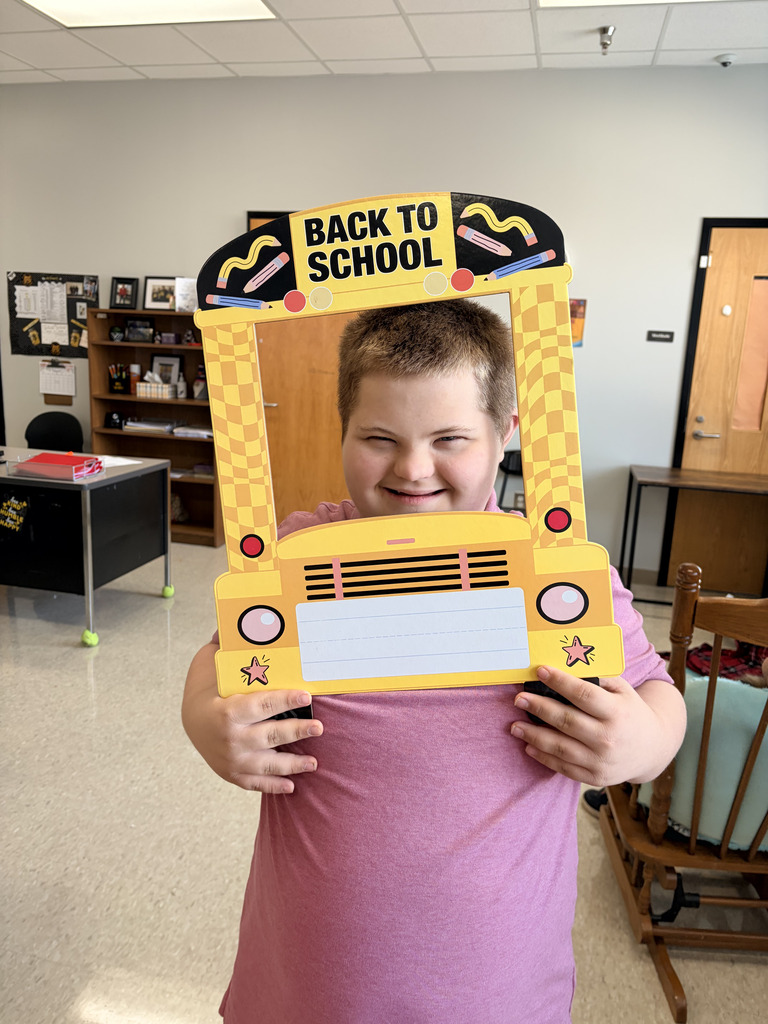 A smiling young boy in a pink shirt poses in a cardboard frame shaped like a school bus.