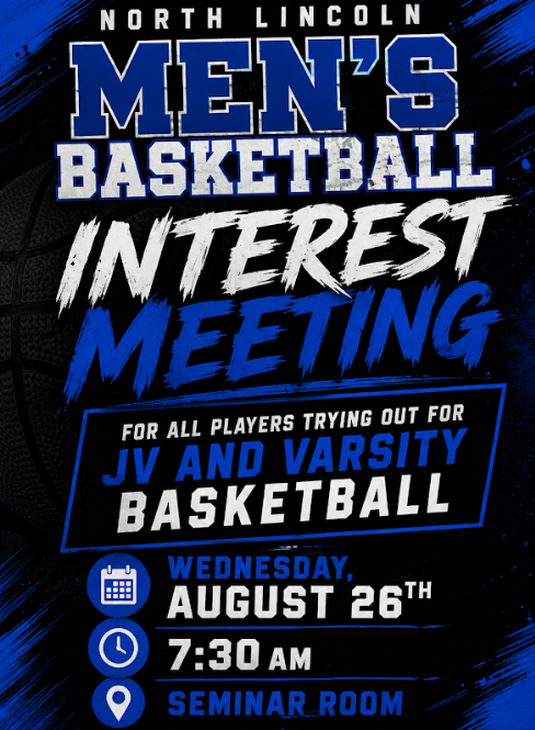 A blue poster advertises the "Men's Basketball Interest Meeting" for JV and varsity players on August 26th at 7:30 AM in the seminar room.