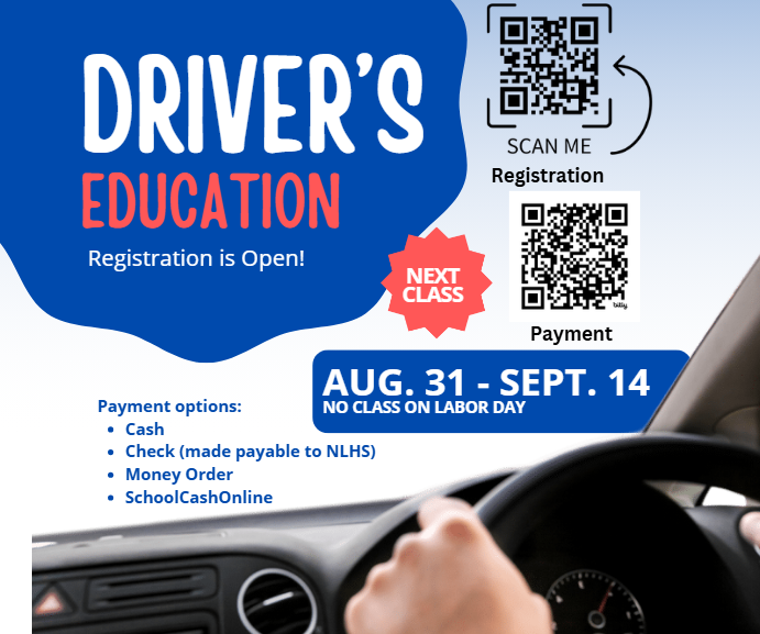 Blue and white flyer for Driver's Education with a QR code for registration. Classes run from Aug. 31 to Sept. 14.