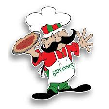 A cartoon chef in red, green, and white attire holds a pizza, gesturing with an open hand.